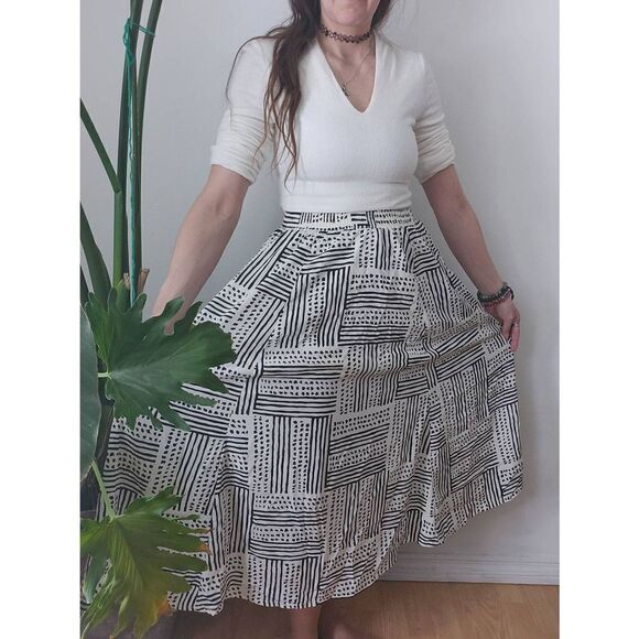 80s Midi Skirt Pockets Black & White Graffic Print Elastic Waist Vintage 10 - Picture 1 of 8